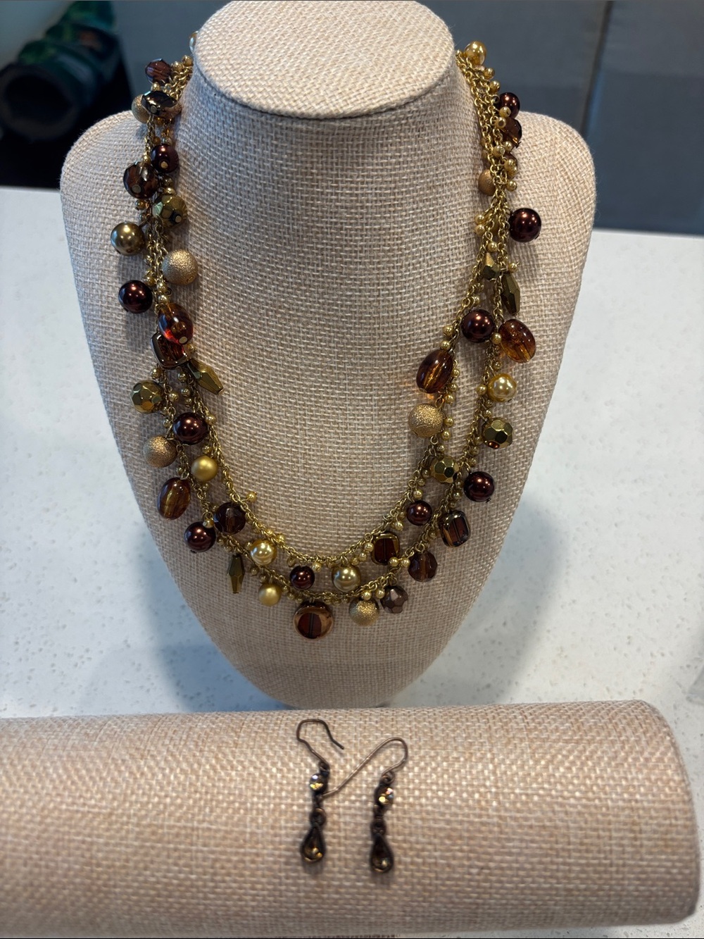 Gold-Tone Brown Beaded Chain Necklace and Earrings Set